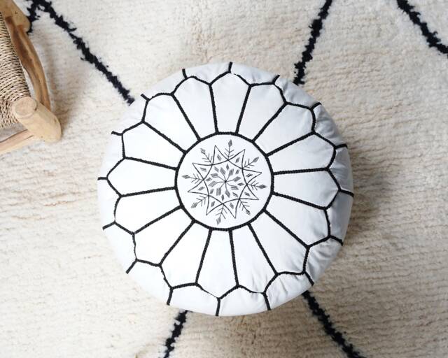 Handmade White Leather Moroccan Pouf Living Room Ottoman - Unstuffed - Unprefilled - image 1