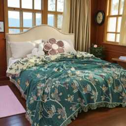 Vintage Bird & Floral Cotton Throw Blanket Bohemian Fringed Design - thumbnail 1