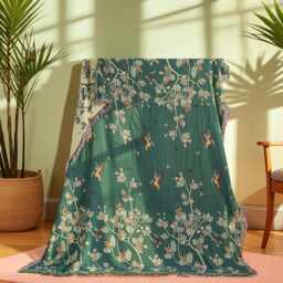 Vintage Bird & Floral Cotton Throw Blanket Bohemian Fringed Design - thumbnail 3