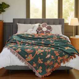 Vintage Bird & Floral Cotton Throw Blanket Bohemian Fringed Design - thumbnail 2