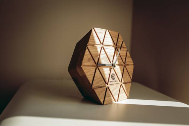 Engraved Oak Wood Desk Clock, Modern Hexagon Table Personalized Gift - image 1