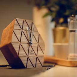 Engraved Oak Wood Desk Clock, Modern Hexagon Table Personalized Gift - thumbnail 2