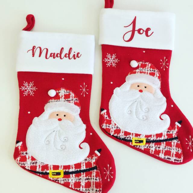 Personalised Red Tartan Fluffy Stocking - Stocking Christmas Snowman Santa Reindeer Penguin - image 1