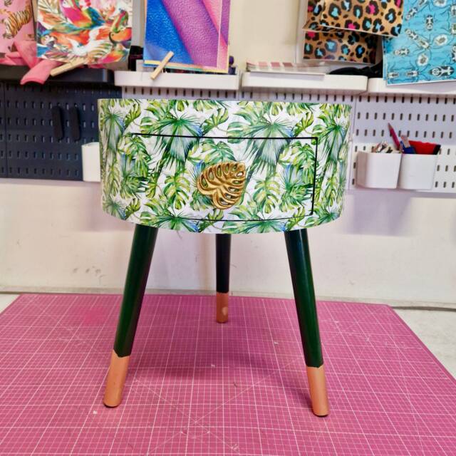 Green Botanical Bedside Table, Leaf & Plant Nightstand. Gold Cheese Accent Table . Fun Home Decor, Colorful Round - image 1