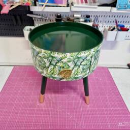 Green Botanical Bedside Table, Leaf & Plant Nightstand. Gold Cheese Accent Table . Fun Home Decor, Colorful Round - thumbnail 3