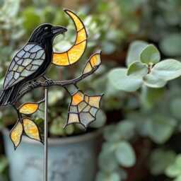 Raven Moon Stained Glass Plant Stake - Gothic Bird Garden Decor For Potted Succulents Halloween - thumbnail 2