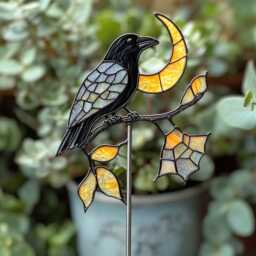 Raven Moon Stained Glass Plant Stake - Gothic Bird Garden Decor For Potted Succulents Halloween