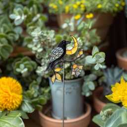 Raven Moon Stained Glass Plant Stake - Gothic Bird Garden Decor For Potted Succulents Halloween - thumbnail 3