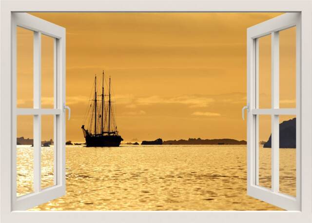 Ship Wall Decal, Sea Shore View 3D Window Nature Sticker Mural, Living Room Home Decor