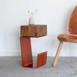 Burgundy Hue Side Table Modern Oak Top Nightstand - thumbnail 3