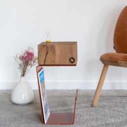 Burgundy Hue Side Table Modern Oak Top Nightstand - thumbnail 2