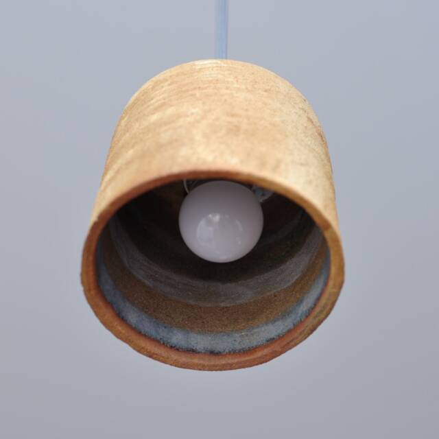 Artisan Raku Pendant Lamp - Narrow Petite Shade, Blue, White & Green Glazed Interior, Small Ceramic Hanging Light - image 1