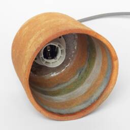Artisan Raku Pendant Lamp - Narrow Petite Shade, Blue, White & Green Glazed Interior, Small Ceramic Hanging Light - thumbnail 3