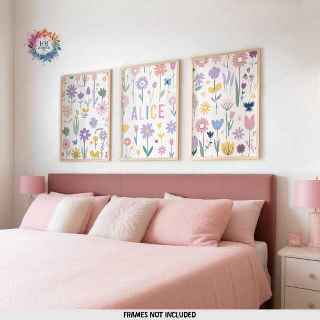 Girls Wildflower Nursery Prints - Set Of 3 - Baby Room Decor Personalised Wall Art Girl Floral Bedroom Toddler Playroom Picture - image 1