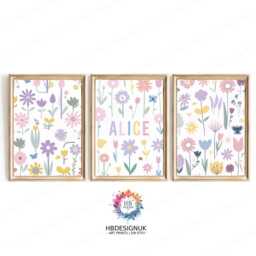 Girls Wildflower Nursery Prints - Set Of 3 - Baby Room Decor Personalised Wall Art Girl Floral Bedroom Toddler Playroom Picture - thumbnail 2