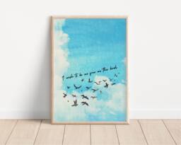 Blue Sky & Birds Print - I Wish To Bee As Free The Birds, Cloudy Sky, Freedom Print, Flock Of Nature Art, Inhale Exhale Calmness - thumbnail 1