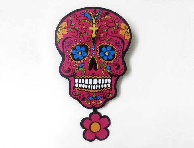 Fuchsia Sugar Skull - Day Of The Dead -Dia De Los Muertos Calavera Pendulum Wall Clock - image 1