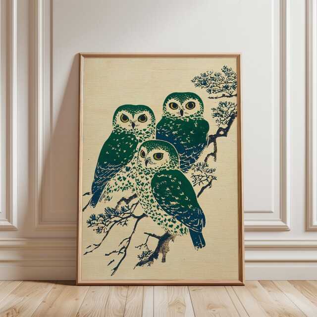 Green Cream Owl Poster - Japanese Style Bird Illustration Nature Wall Art - image 1