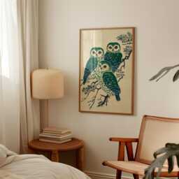 Green Cream Owl Poster - Japanese Style Bird Illustration Nature Wall Art - thumbnail 2