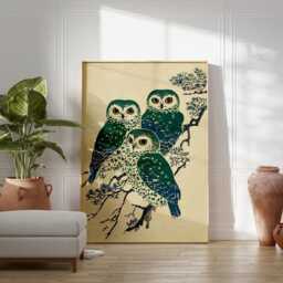 Green Cream Owl Poster - Japanese Style Bird Illustration Nature Wall Art - thumbnail 3