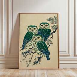 Green Cream Owl Poster - Japanese Style Bird Illustration Nature Wall Art - thumbnail 1