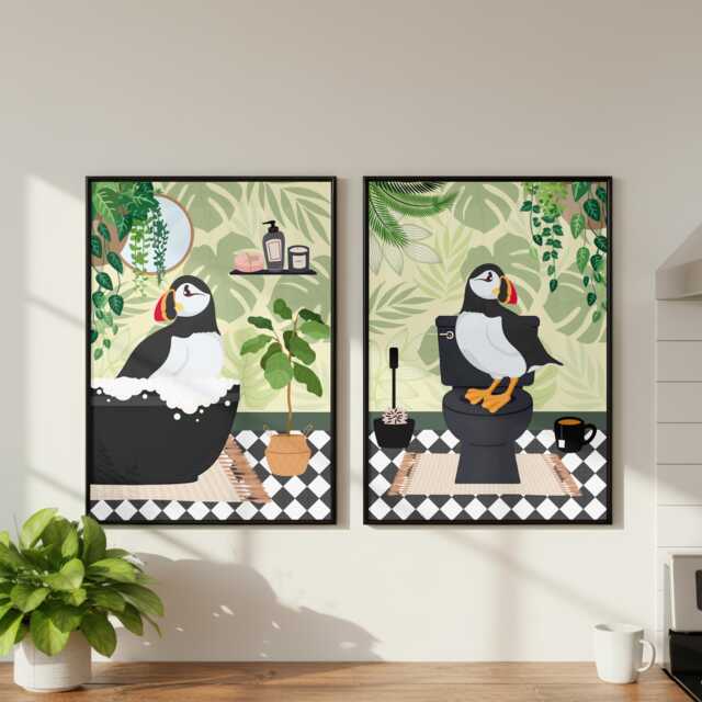 Puffin Bathroom Prints, Bath & Toilet Art, Set Of Two Green Prints - image 1