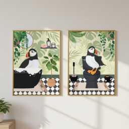 Puffin Bathroom Prints, Bath & Toilet Art, Set Of Two Green Prints - thumbnail 3