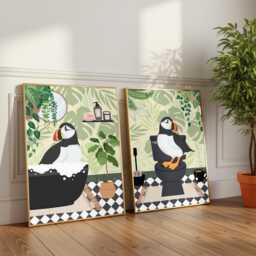 Puffin Bathroom Prints, Bath & Toilet Art, Set Of Two Green Prints - thumbnail 2