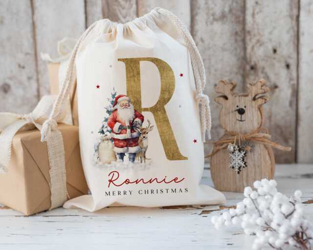 Xl Personalised Santa Sack, Christmas Gift Bag, Gold 1St Xmas Stocking Filler, Father Christmas, Traditional - image 1