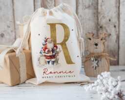 Xl Personalised Santa Sack, Christmas Gift Bag, Gold 1St Xmas Stocking Filler, Father Christmas, Traditional