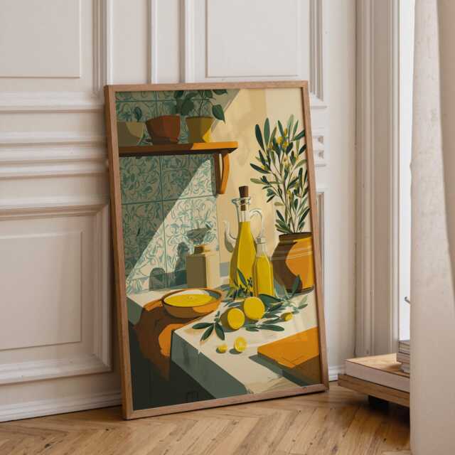 Mediterranean Kitchen Wall Art - Lemon & Olive Oil Poster Print Rustic Farmhouse D??cor - image 1