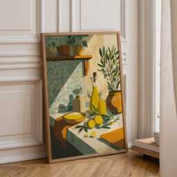 Mediterranean Kitchen Wall Art - Lemon & Olive Oil Poster Print Rustic Farmhouse D??cor - thumbnail 1