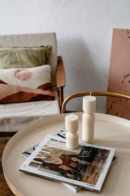Set Of 2 Ribbed Pillar Hourglass Decorative White Beeswax Candles - image 1
