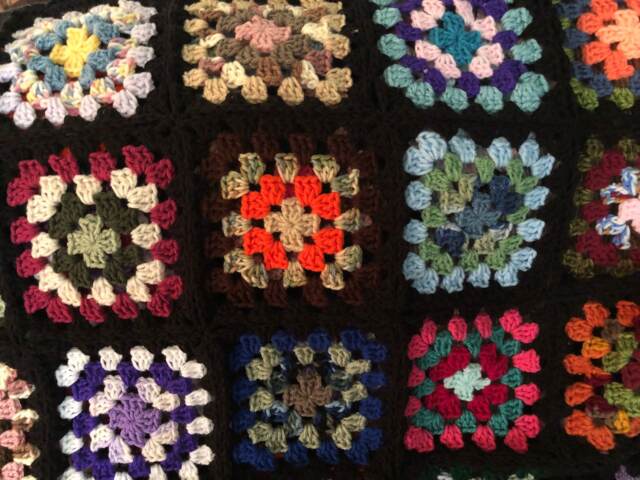 Vintage Style Black Trim Granny Square Afghan Roseanne Couch Blanket - image 1