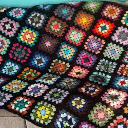 Vintage Style Black Trim Granny Square Afghan Roseanne Couch Blanket - thumbnail 3