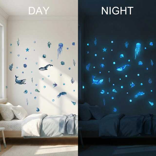 Glow in The Dark Wall Stickers Ocean Themed Kids Room Decor Sea Animals. Whales, Turtles, Exotic Fish, Coral, Jelly Fish. Birthday Art - image 1