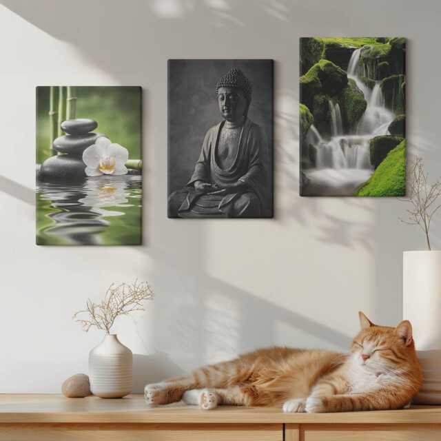 Canvas Art Set Of 3 - Relaxing Zen Paintings With Water, Stones & Buddha, Green Photo Print, Travels Wall Decor - image 1