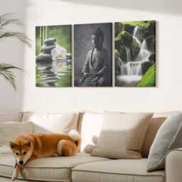 Canvas Art Set Of 3 - Relaxing Zen Paintings With Water, Stones & Buddha, Green Photo Print, Travels Wall Decor - thumbnail 2