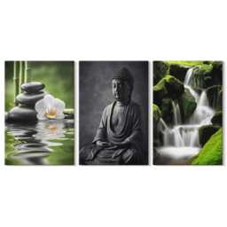 Canvas Art Set Of 3 - Relaxing Zen Paintings With Water, Stones & Buddha, Green Photo Print, Travels Wall Decor - thumbnail 3