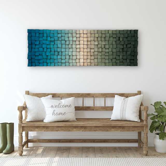 Handmade Wood Wall Art - Blue Green Sound Diffusser Ombre Decor - image 1