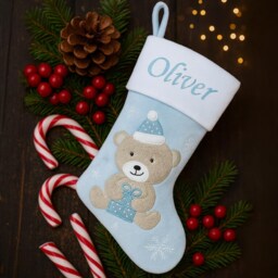 Personalised Embroidered Baby Christmas Stocking For Babies 1St Teddy Blue Pink Or First Xmas Newborn Boy Girl - thumbnail 3