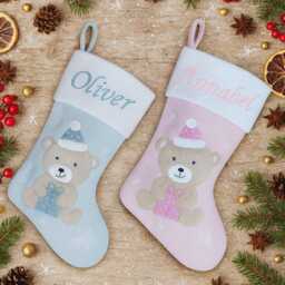 Personalised Embroidered Baby Christmas Stocking For Babies 1St Teddy Blue Pink Or First Xmas Newborn Boy Girl - thumbnail 4