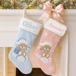 Personalised Embroidered Baby Christmas Stocking For Babies 1St Teddy Blue Pink Or First Xmas Newborn Boy Girl - thumbnail 1