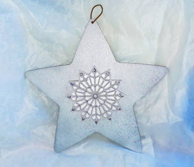 Hand Painted Wooden Star Wall Art, Glittery Silver 12-Point - 35cm - image 1