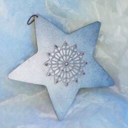 Hand Painted Wooden Star Wall Art, Glittery Silver 12-Point - 35cm - thumbnail 3