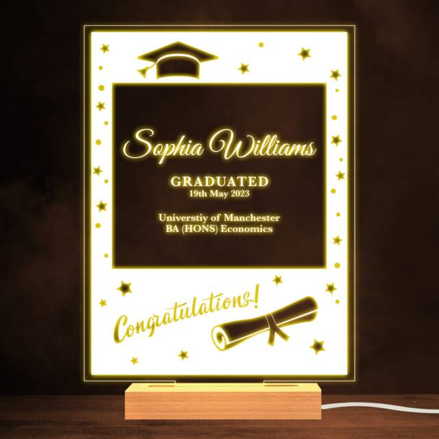 stars Graduation Hat Graduated Date Congratulations White Night Light - Personalised Gift Bedroom Lamp - image 1