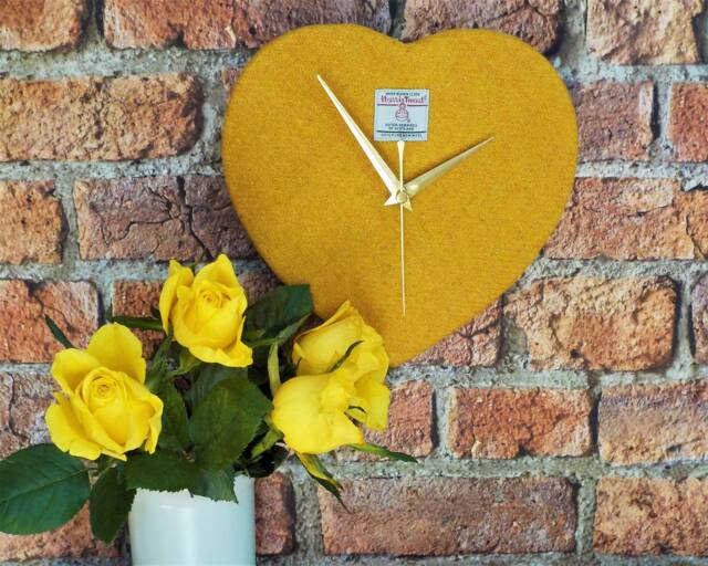 Harris Tweed Heart Clock Yellow Handwoven British Wool Fabric Golden Wedding Anniversary - image 1