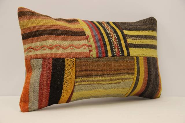 Vintage Turkish Kilim Lumbar Pillow, Boho Patchwork Cushion - 12x20 In - image 1