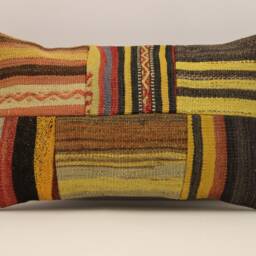 Vintage Turkish Kilim Lumbar Pillow, Boho Patchwork Cushion - 12x20 In - thumbnail 2