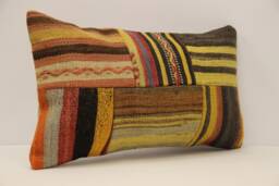 Vintage Turkish Kilim Lumbar Pillow, Boho Patchwork Cushion - 12x20 In